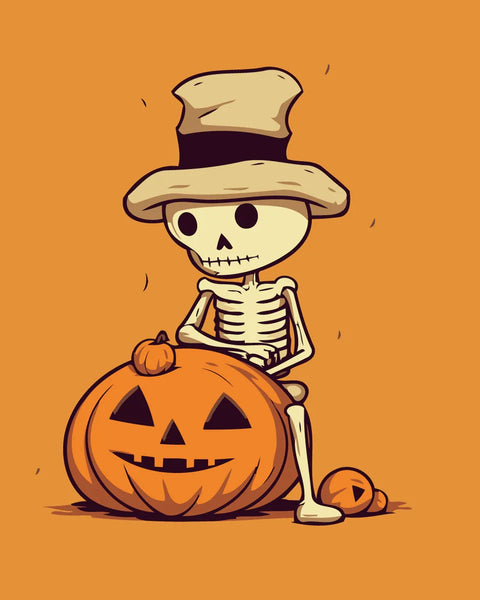 Cute skeleton in a hat sitting with a carved pumpkin