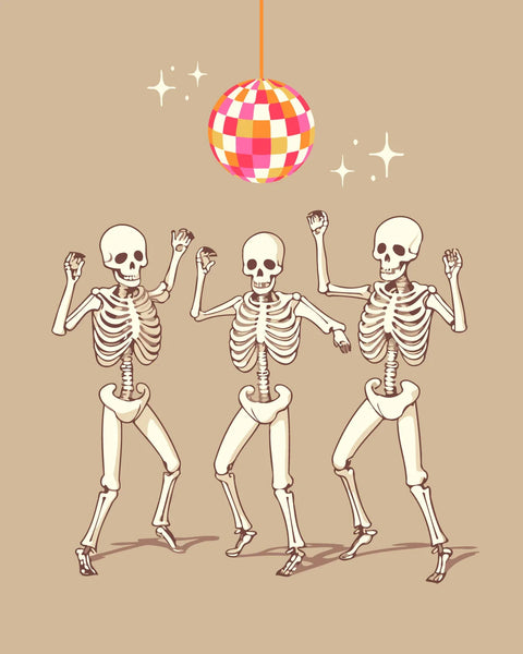 Three dancing skeletons under a disco ball with sparkling lights