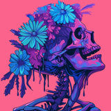 Colorful skull with vibrant flowers on head against pink background