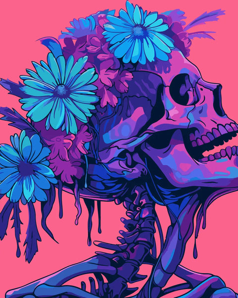 Colorful skull with vibrant flowers on head against pink background