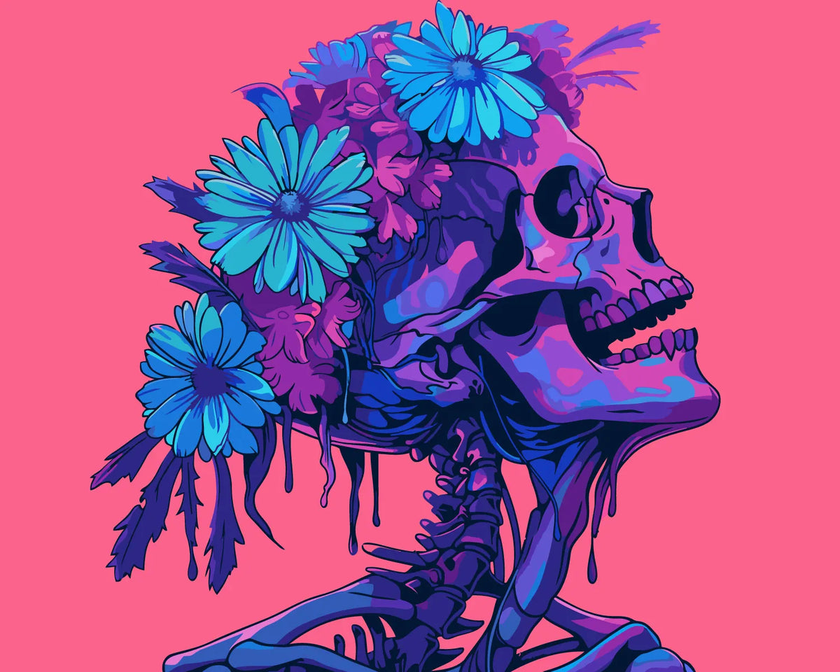 Colorful skull with vibrant flowers on head against pink background