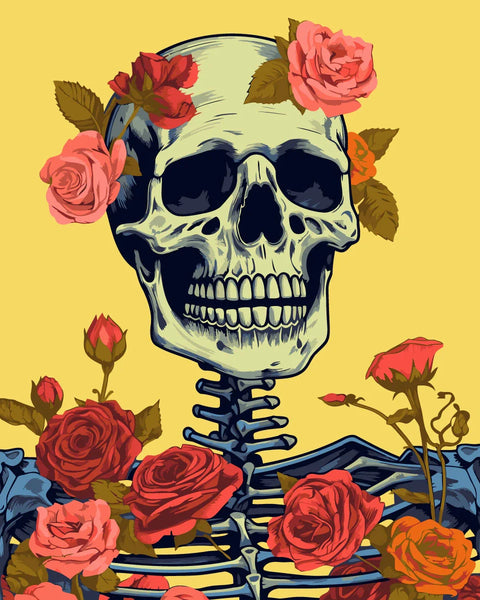 Skull adorned with vibrant roses on a yellow background