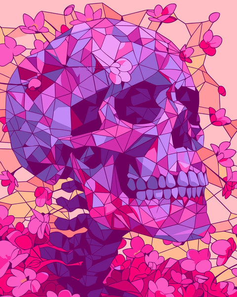 Geometric purple skull surrounded by pink flowers on pastel background