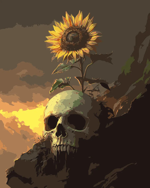 Sunflower growing from a skull against a golden sky, featured in the Skullflower paint by numbers kit.
