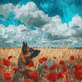 German shepherd in a field of red poppies under cloudy sky