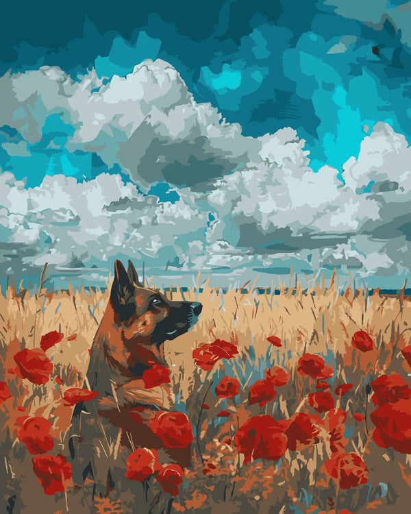 German shepherd in a field of red poppies under cloudy sky
