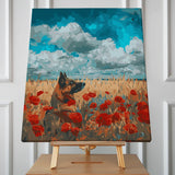 German shepherd in a field of red poppies under cloudy sky