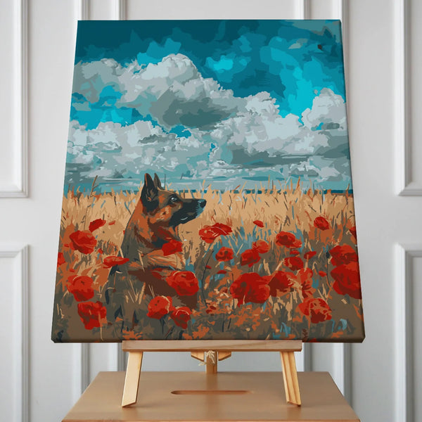 German shepherd in a field of red poppies under cloudy sky