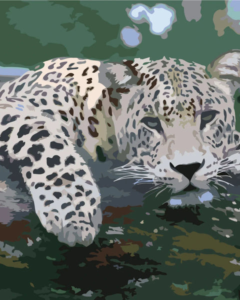 Jaguar resting on a tree branch with green forest background painting
