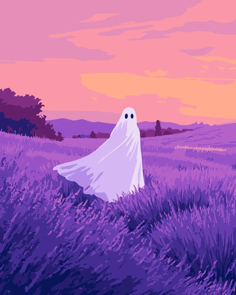 A playful ghost drifts through a lavender field at sunset, blending soft pastel hues with a mysterious yet whimsical presence.