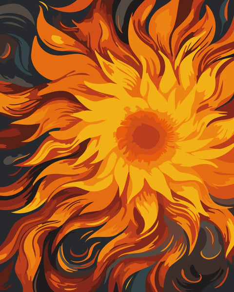 Abstract fiery sunflower painting with swirling orange and yellow petals