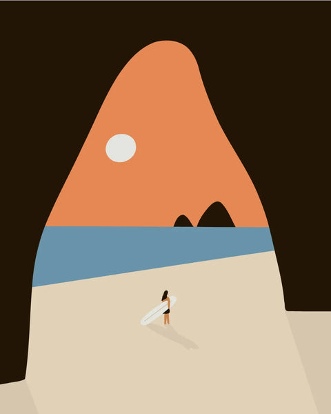 Minimalist beach painting with surfer, ocean, and abstract mountain background