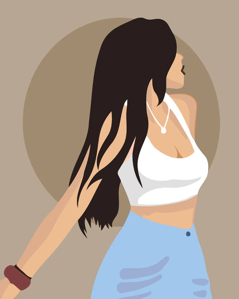 Minimalist digital painting of a stylish woman with long hair