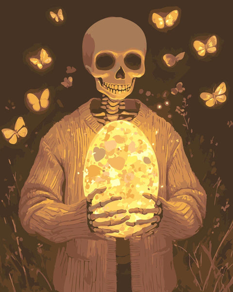 Soul Egg Paint by Numbers Kit featuring a skeleton holding a glowing egg, surrounded by golden butterflies in a mystical atmosphere.