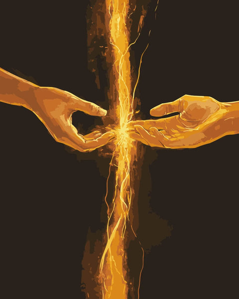 Spark Bond Paint by Numbers Kit featuring two hands reaching towards each other, united by a luminous spark of energy.