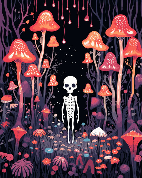 Surreal skeleton in glowing mushroom forest with dark fantasy vibes