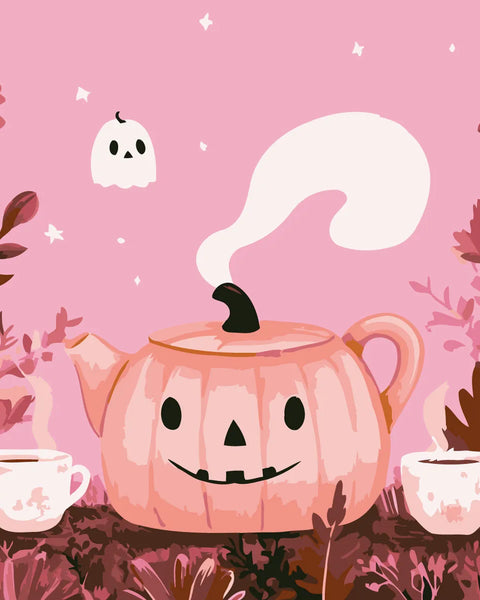 Whimsical pumpkin teapot with steam and ghost in autumn setting