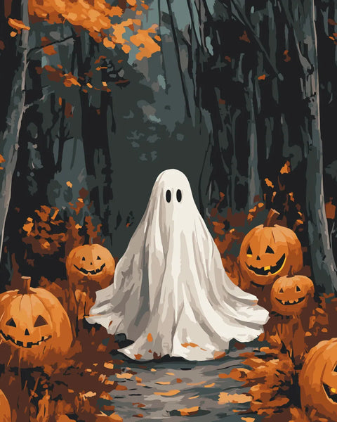 Ghost in spooky autumn forest surrounded by glowing jack-o’-lanterns