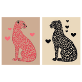 Two stylized cheetahs with heart patterns surrounded by floating hearts