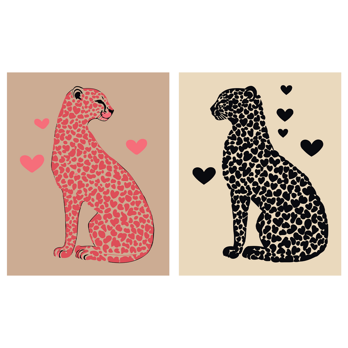 Two stylized cheetahs with heart patterns surrounded by floating hearts