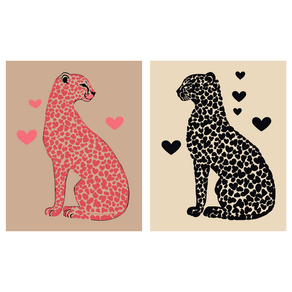 Two stylized cheetahs with heart patterns surrounded by floating hearts