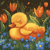Spring Nap Paint by Numbers Kit featuring a fluffy duckling sleeping among tulips and blue flowers in a peaceful spring meadow.