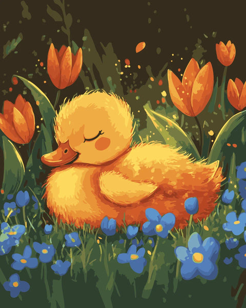 Spring Nap Paint by Numbers Kit featuring a fluffy duckling sleeping among tulips and blue flowers in a peaceful spring meadow.