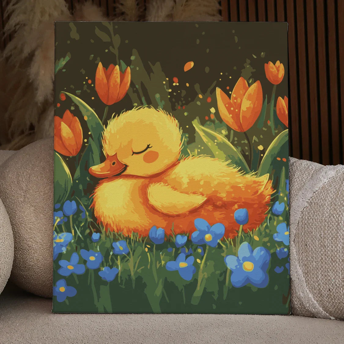 Spring Nap painting displayed on an easel in a cozy interior, adding a soft and charming touch to the space.
