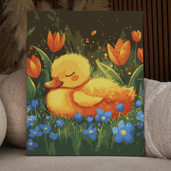 Spring Nap painting displayed on an easel in a cozy interior, adding a soft and charming touch to the space.