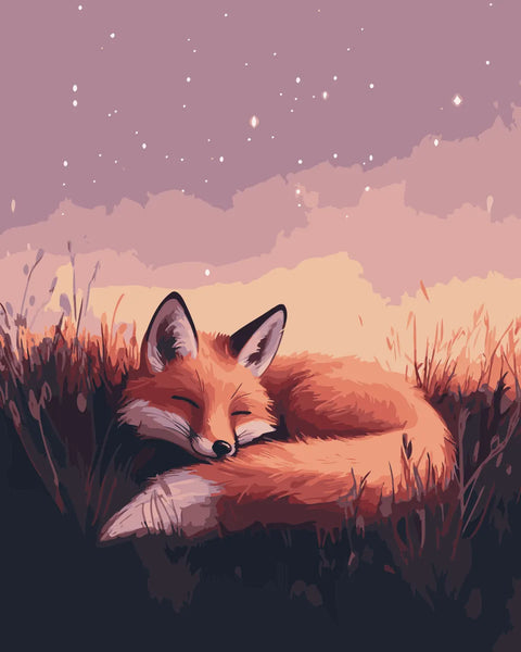 A peaceful fox curled up in a grassy field under a starlit sky, bathed in warm twilight hues, creating a cozy and tranquil scene.