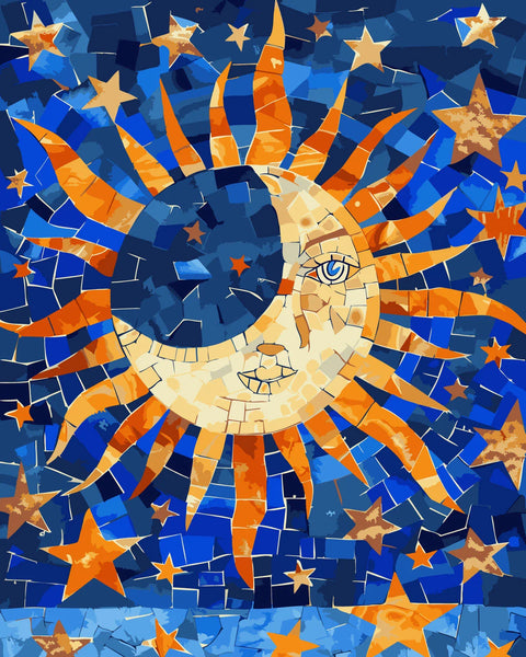 Mosaic-style sun and moon with stars in a cosmic night