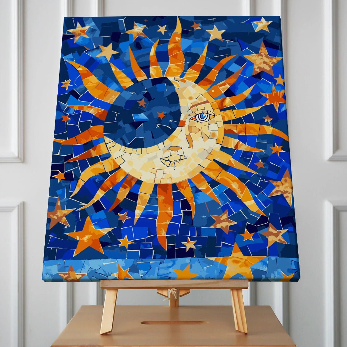 Mosaic-style sun and moon with stars in a cosmic night
