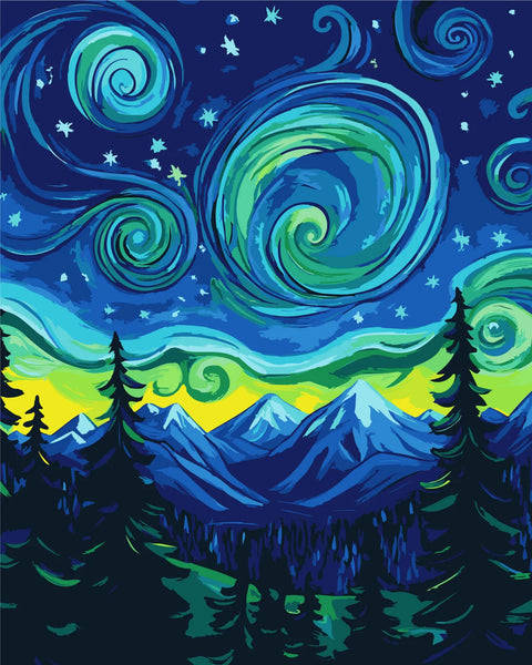 Swirling night sky over mountains and pine trees in vibrant colors