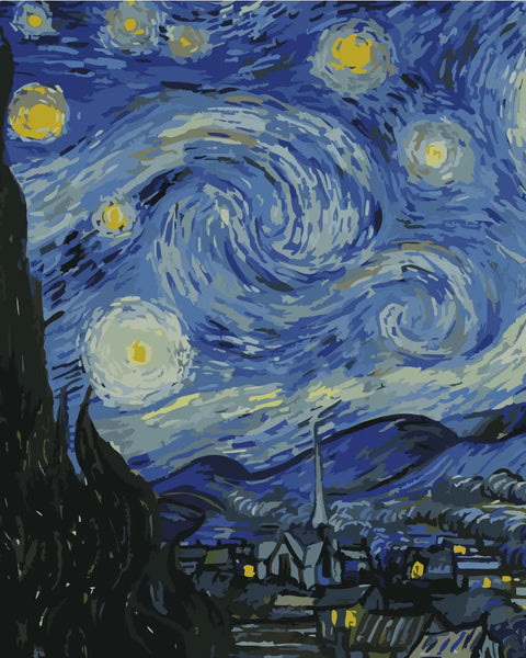 Famous swirling night sky over village inspired by Van Gogh
