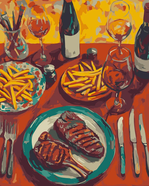 Elegant dinner table with steak wine and fries in warm colors
