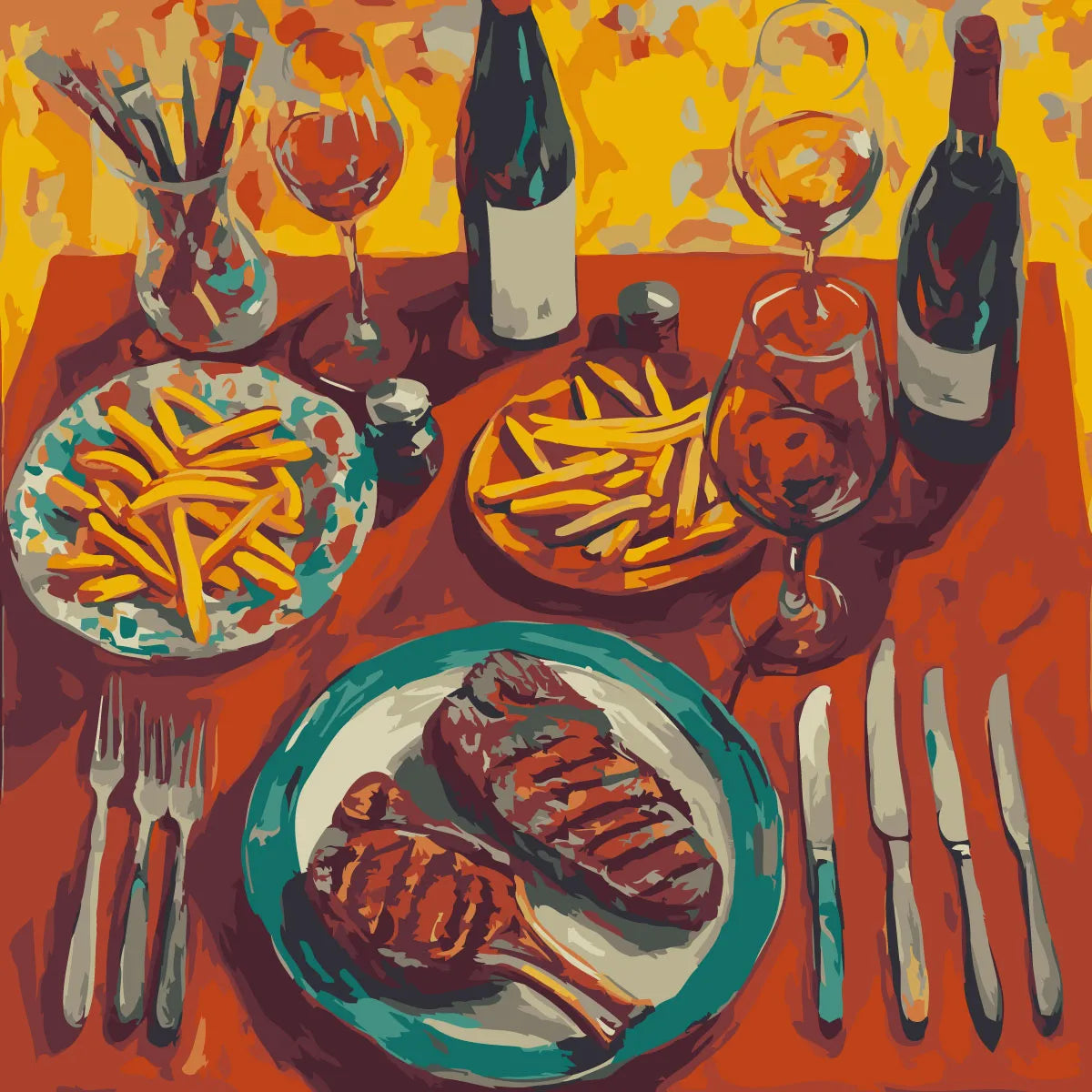 Elegant dinner table with steak wine and fries in warm colors