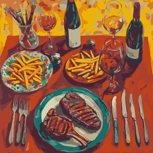 Elegant dinner table with steak wine and fries in warm colors