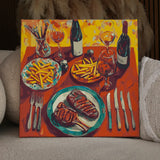 Elegant dinner table with steak wine and fries in warm colors
