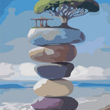 Surreal painting of stacked stones with a tree and gazebo