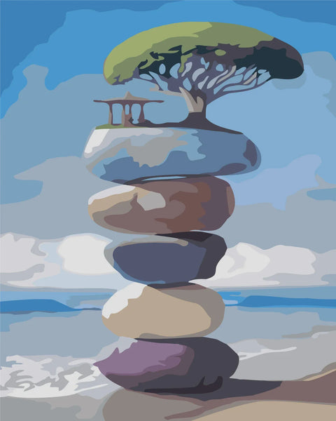 Surreal painting of stacked stones with a tree and gazebo