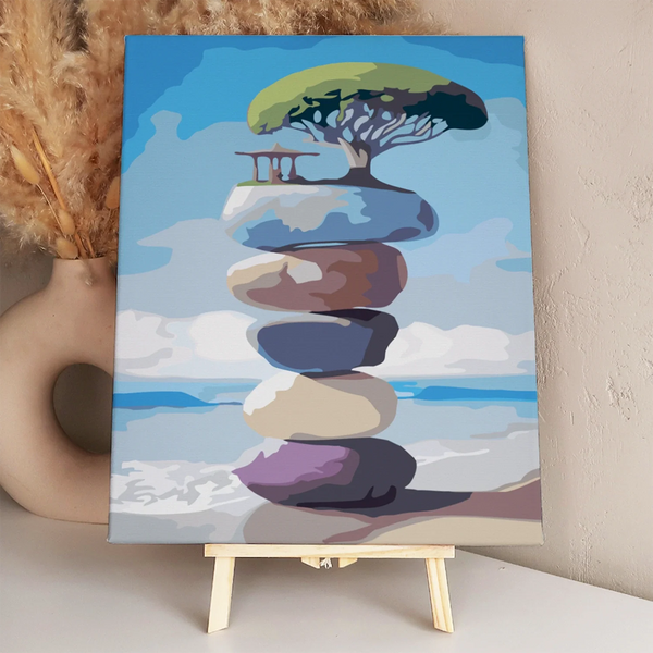 Surreal painting of stacked stones with a tree and gazebo