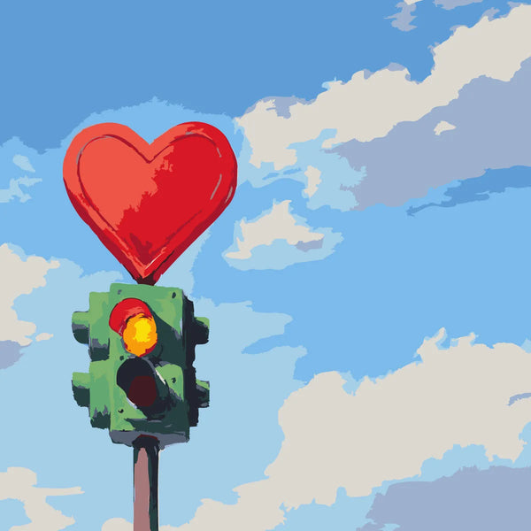 Surreal painting of a traffic light with a heart signal