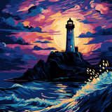 Vibrant painting of a lighthouse on a cliff at sunset