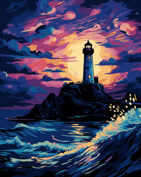 Vibrant painting of a lighthouse on a cliff at sunset