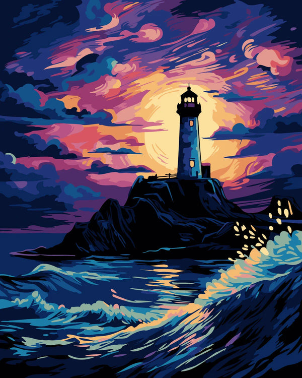 Vibrant painting of a lighthouse on a cliff at sunset