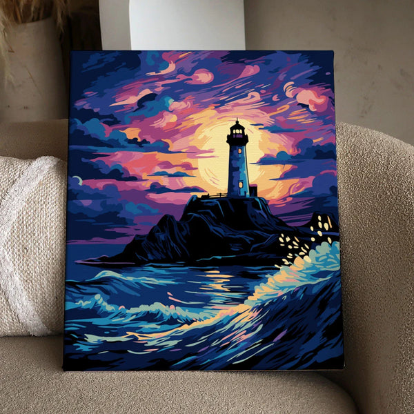 Vibrant painting of a lighthouse on a cliff at sunset