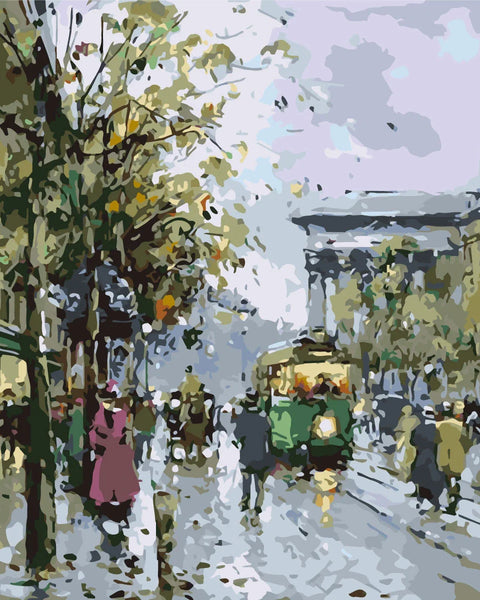 Impressionist painting of a rainy city street with people and trams