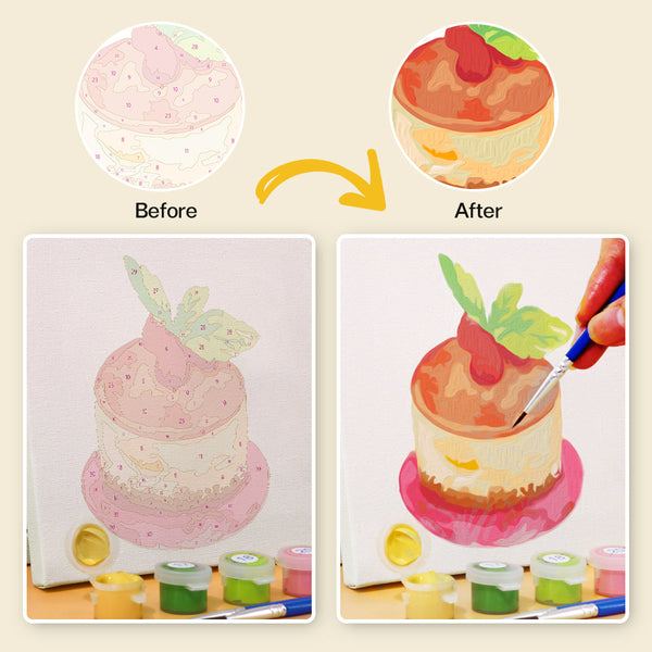 Sugar & Whimsy Paint by Numbers Kit by Artspark showing before and after progress of painting a cheesecake canvas with paint pots and brush.