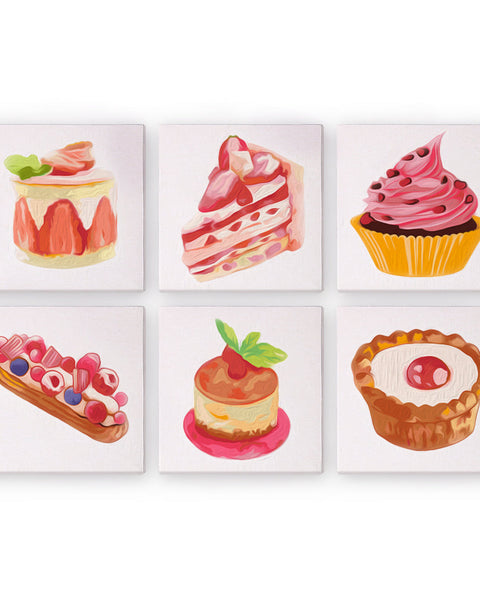 Sugar & Whimsy Paint by Numbers Kit by Artspark, featuring six mini-canvas designs of desserts including cupcakes, layer cakes, tarts, and eclairs.