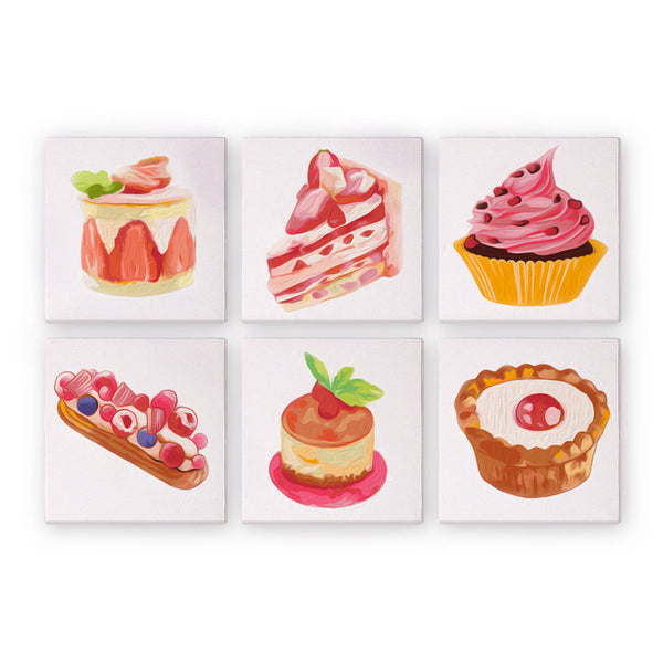 Sugar & Whimsy Paint by Numbers Kit by Artspark, featuring six mini-canvas designs of desserts including cupcakes, layer cakes, tarts, and eclairs.
